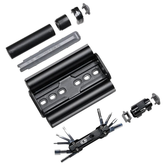 Crankbrothers S.O.S. TT17 Twin Tube Tool Kit with multi-tool, tyre lever, CO2 inflator and frame-mounted storage.
